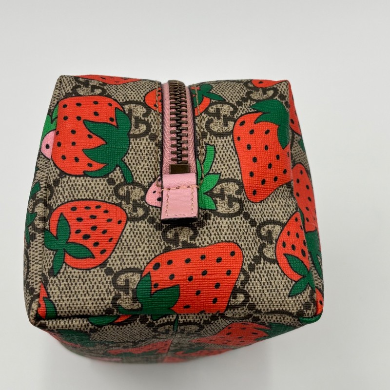 Gucci Strawberry GG Cosmetic Pouch Bag PVC Leather Brown 576218 with Storage Bag gallery