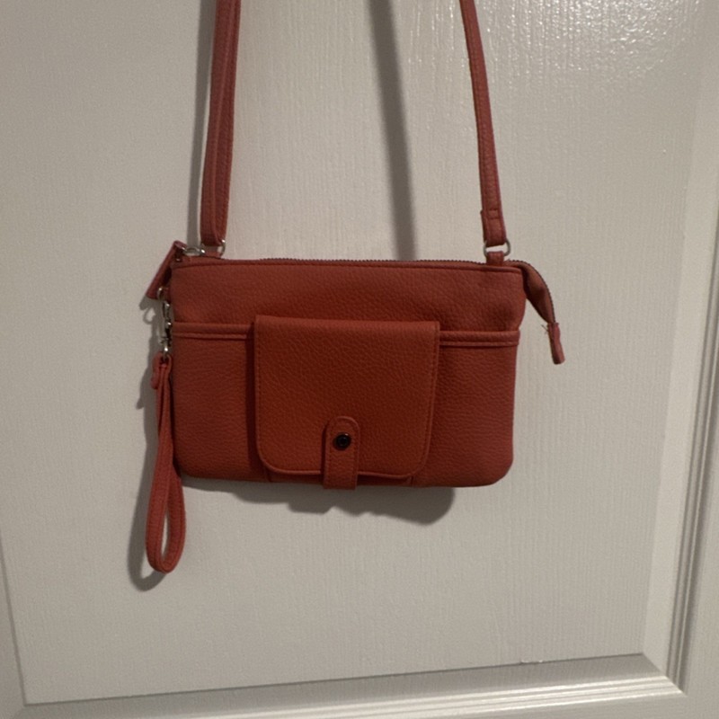 Coral Shoulder Bag Wristlet Strap Zip Front Pocket Silver Hardware for Women