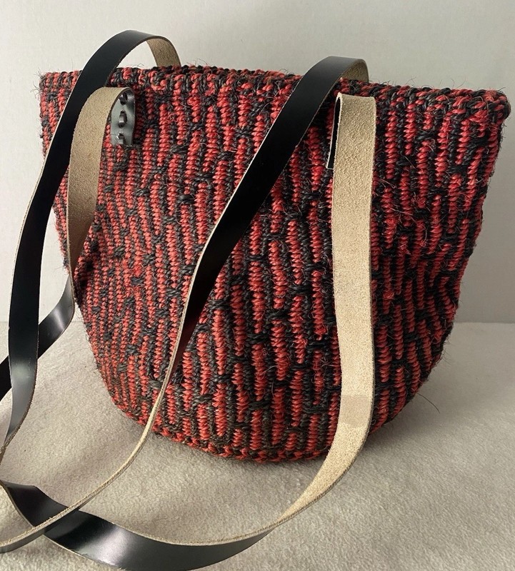 Artisan Sisal Market Jute Leather Tote Bag Black Red Large Ethnic Boho Vintage