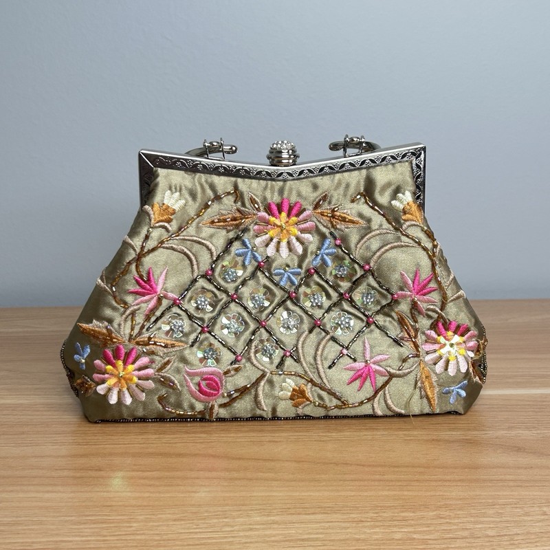 Evening Top Handle Bag Womens Olive Green Floral Beaded Kiss Lock w/ Chain gallery