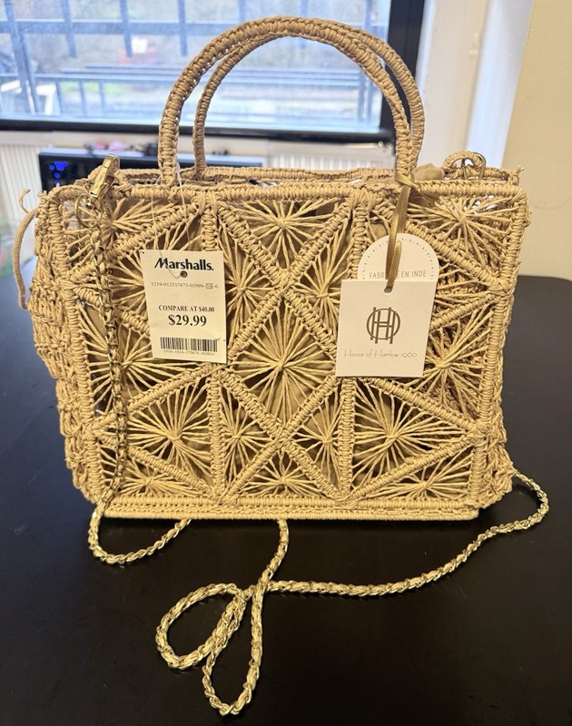 House of Harlow 1960 Women’s Beige Woven Satchel Drawstring, Chain Strap