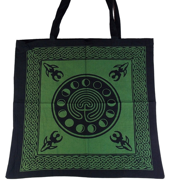 Green and Black Cotton Tote Bag w/ Labyrinth, Moon Phases, and Goddess Symbols