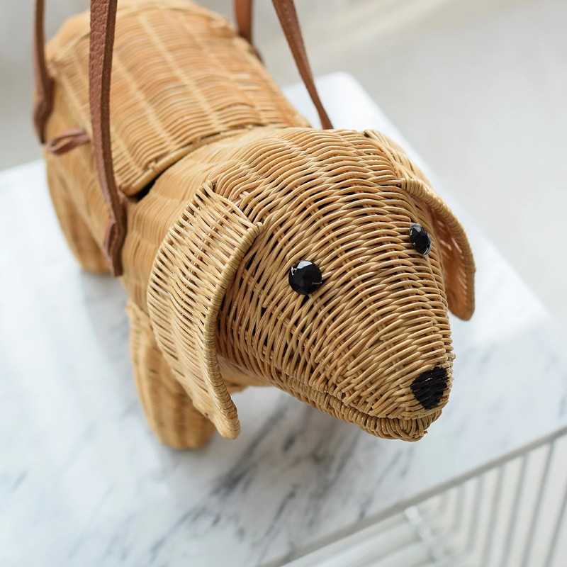Handwoven Rattan Wicker Dog Bag Beagle Art Basket Leather Handle gallery