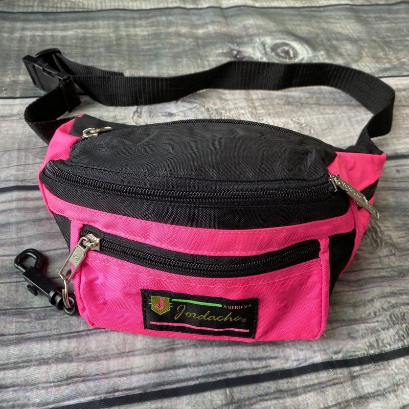 Vintage Jordache Waist Pack Fanny Belt Bag Hot Pink Black Nylon Lots Zip Pockets