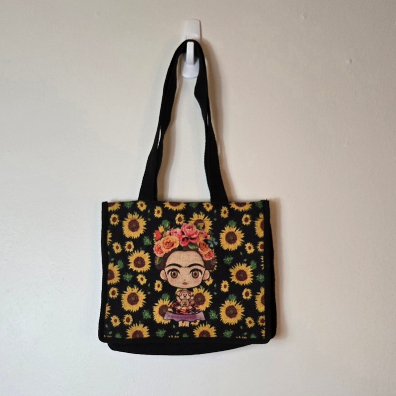 Frida Kahlo Sunflower Tote Bag Black Canvas Cartoon Art Shoulder Bag Folk Style