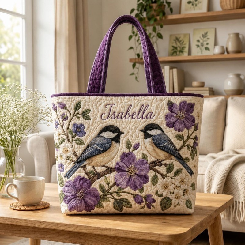 Personalized Bird Quilted Tote Bag, Custom Name Floral Garden Shoulder Bag, Purp