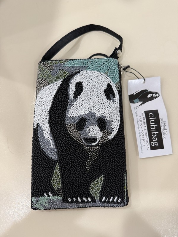 Bamboo Trading Co. Club Bag Panda Beaded Black Travel Cell Phone Crossbody