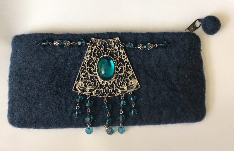 Handmade Felted 100% Wool Clutch Cosmetic Bag 8.2 x 4.25 inches NAVY