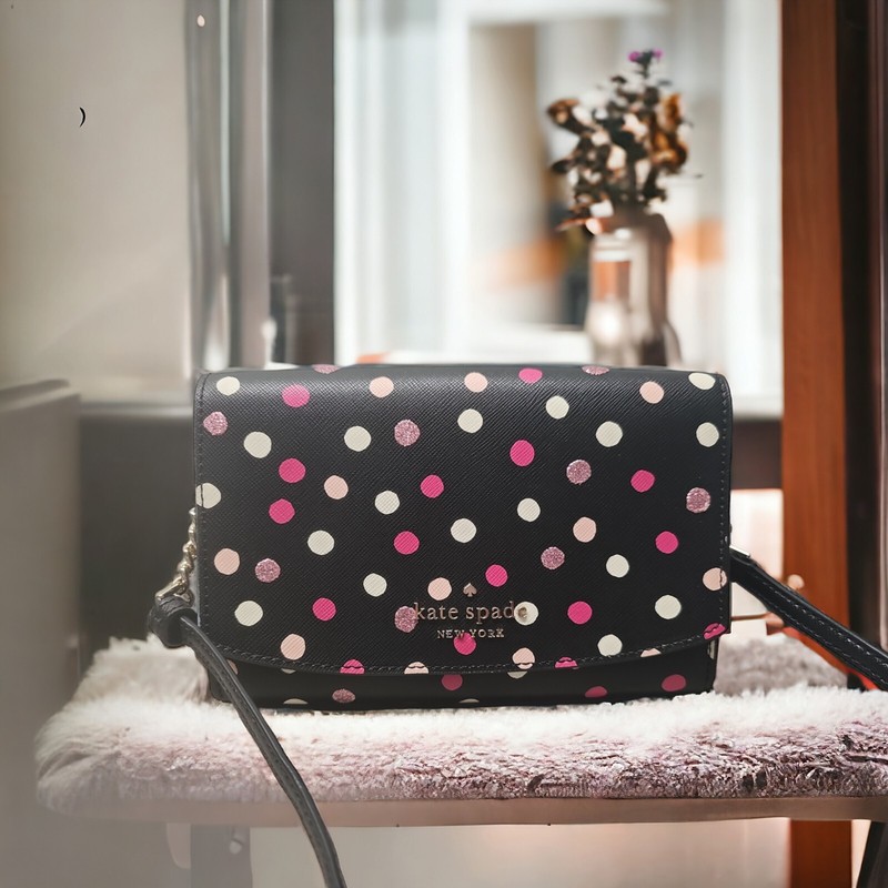 KATE SPADE Purse Black With Pink White Glitter Polka Dots Gold Chain Strap NWOT