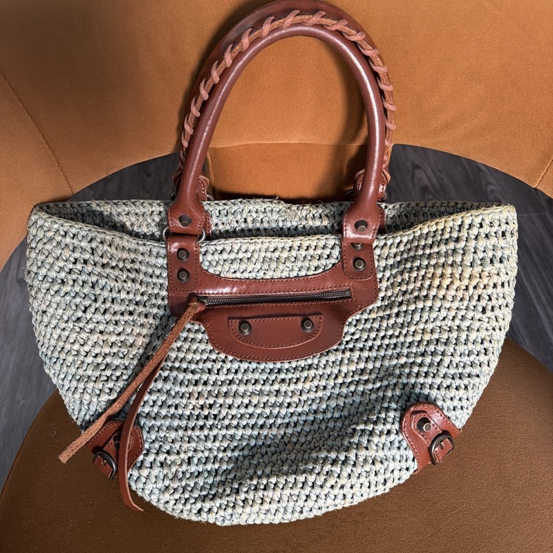 Balenciaga Panier Raffia Hand bag Basket Bag Straw Bag Green Auth Used From JPN