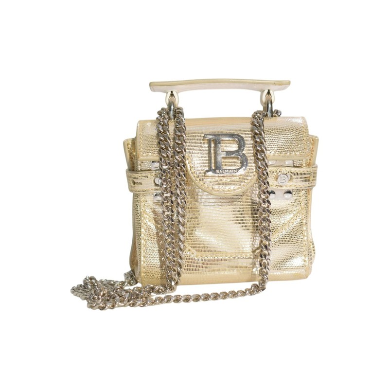 BALMAIN B-Buzz 23 Micro Metallic Gold Lizard-Embossed Crossbody Bag