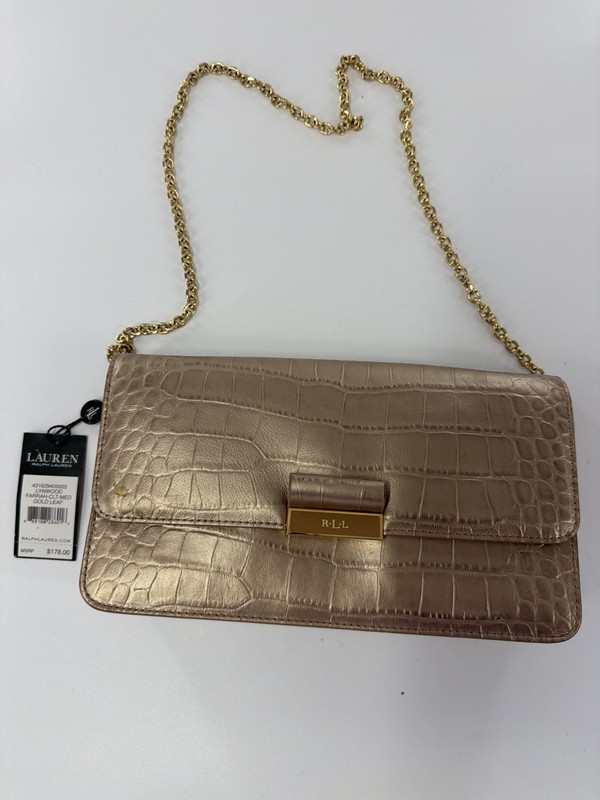 Ralph Lauren Lynwood Farrah Medium Clutch Textured Leather Gold Leaf MSRP $178