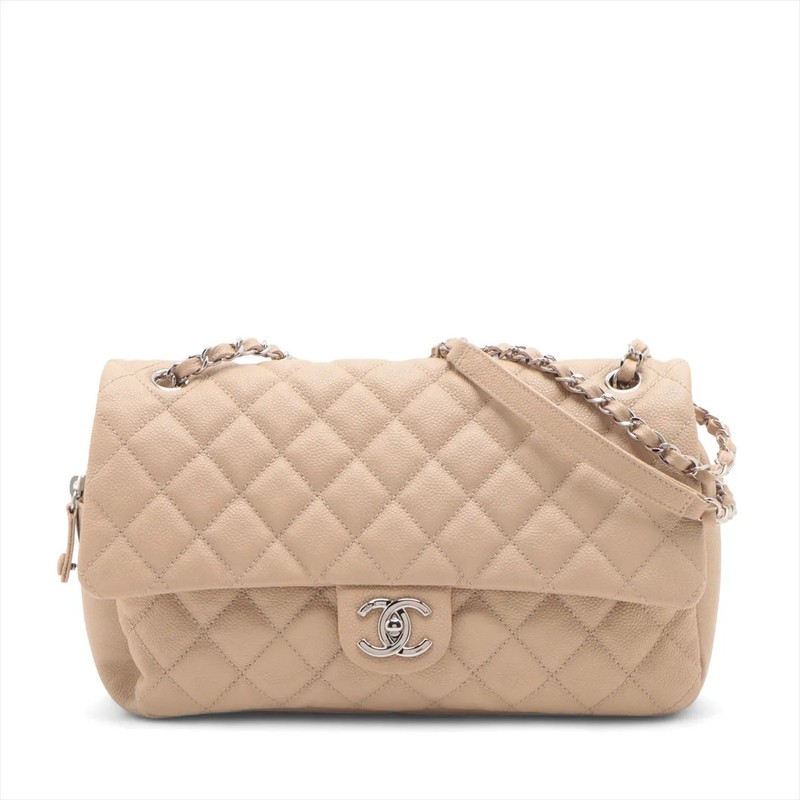 Chanel Matelasse Grained Calfskin Single Flap Double Chain Bag Beige Silver Meta