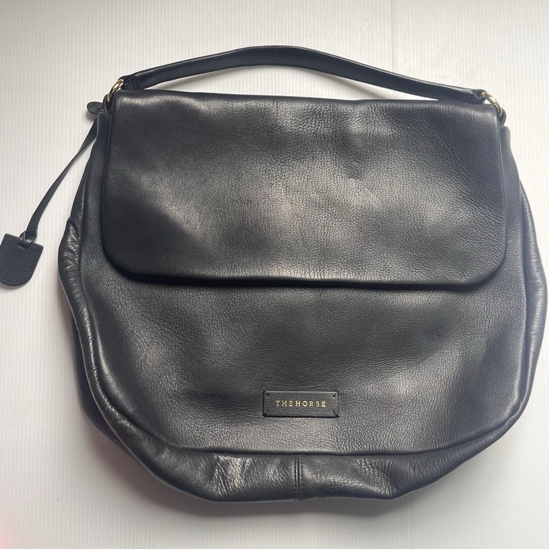 The Horse Large Black Leather Bag Foldover Top Handle Designer Purse Zip Pocket