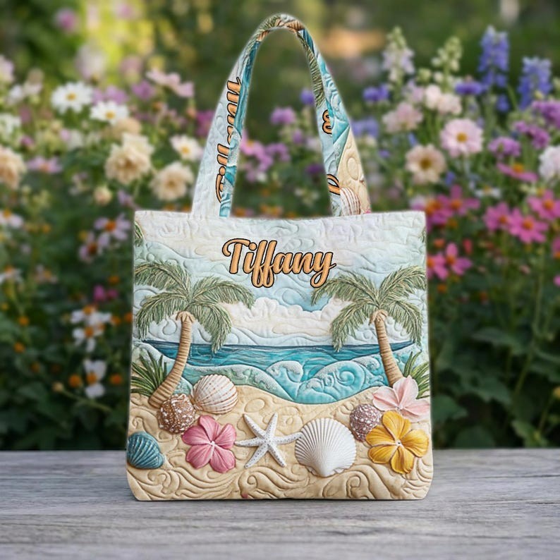Personalized Ocean Shells Quilted Tote Bag, Summer Vacation Shoulder Bag, Custom