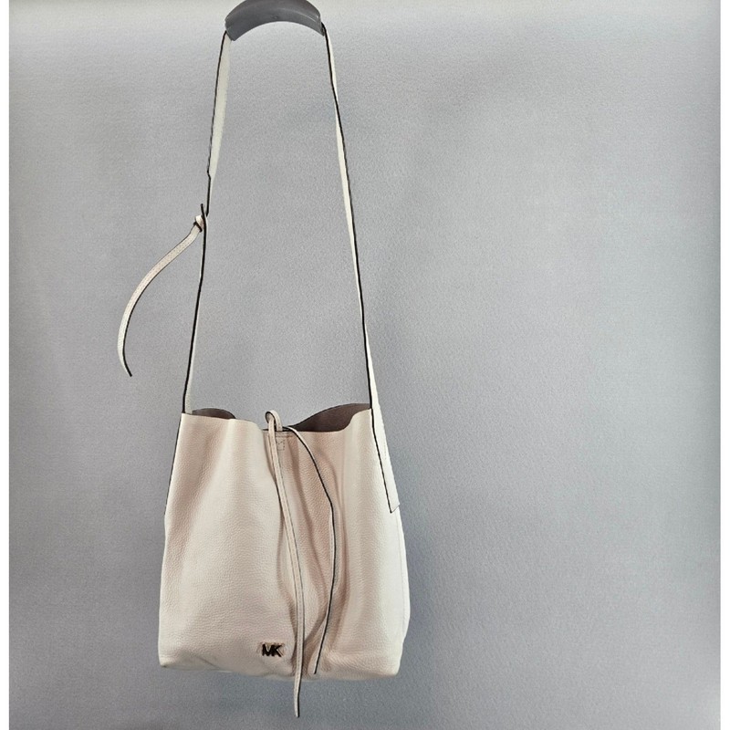 Michael Kors Cream Pebbled Leather Drawstring Bucket Crossbody Bag Gold Logo