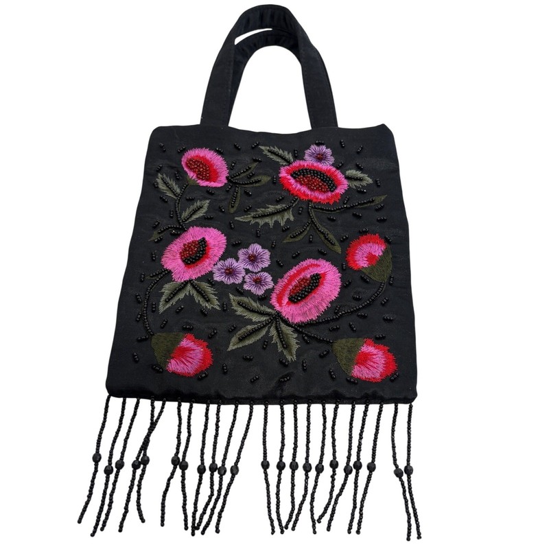 Frankie & Johnnie Y2K Black Beaded Floral Embroidered Mini Tote Bag with Fringe