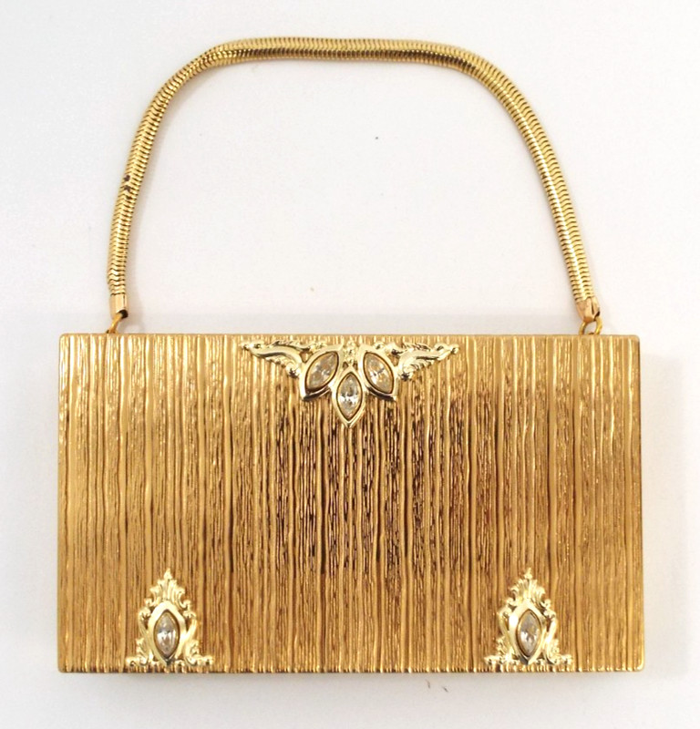 Vintage 1950s Evans Gold Tone Metal Compact Carry All Purse Case Rhinestones Bag