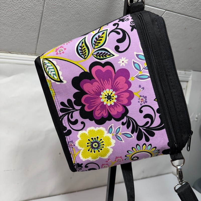 Flowers Purple Black Handmade Adjustable Strap 2 Outside Pockets Lined