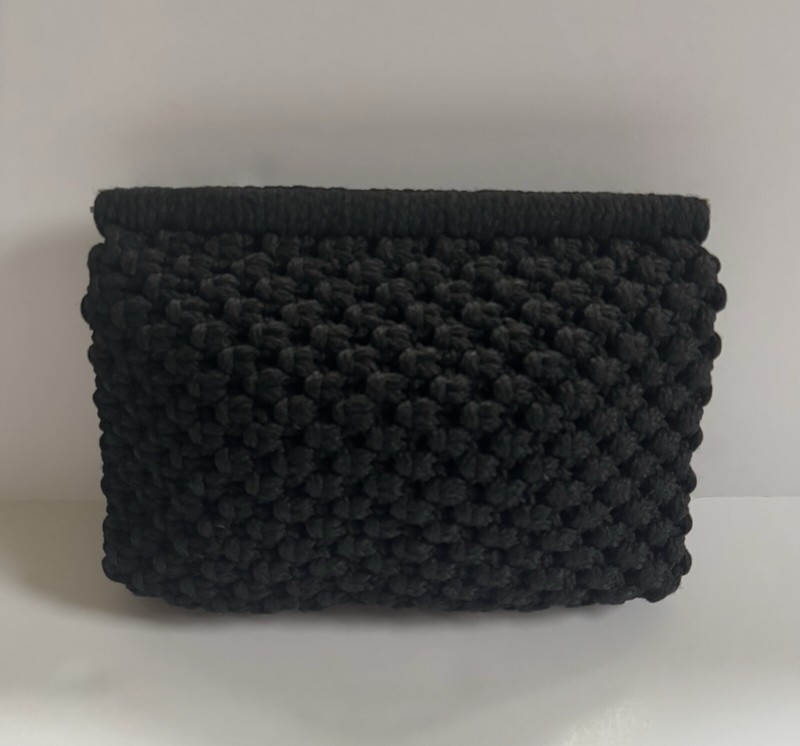 Vintage Black Macrame Knit Clutch Purse Handmade Nylon Cord Brioche Knit Retro