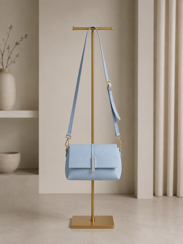Baby Blue Italian Leather Crossbody Bag, Small Minimalist Purse, Genuine Leather gallery