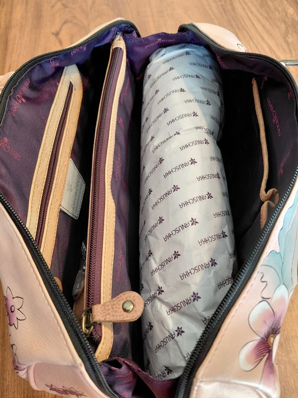 Anuschka Hand-Painted Pink Floral Satchel Zip, Detachable Strap, Dust Bag gallery