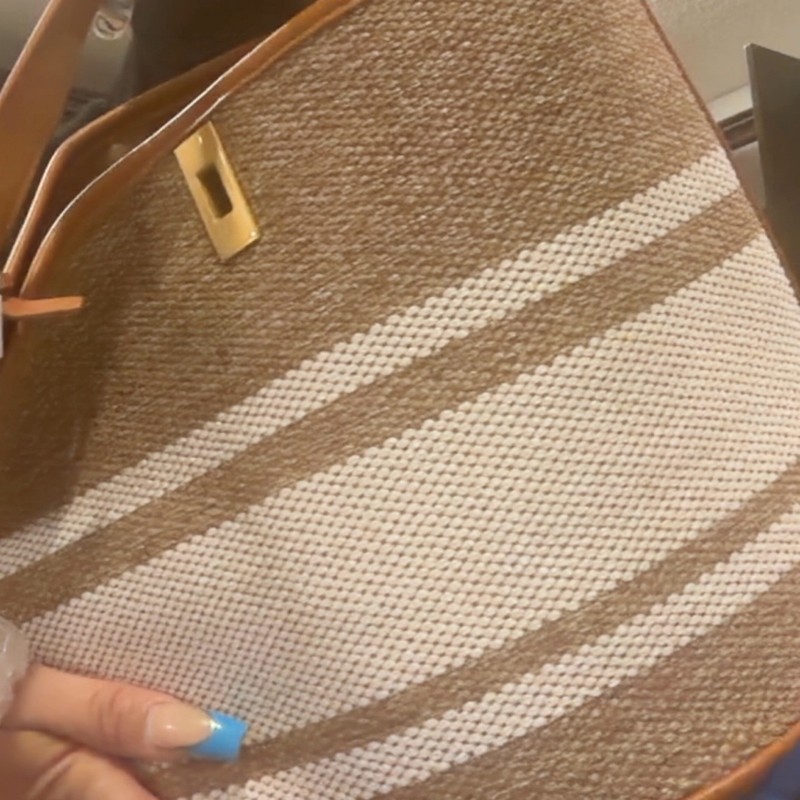 Striped Brown/Beige Bucket & Drawstring Bag Round Top Handle, Detachable Strap