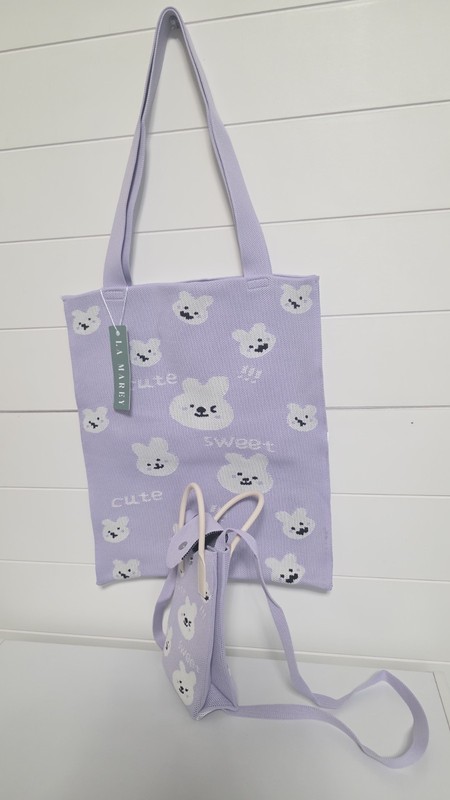 LA MAREY Cute Purple/White Bunny Animal Print Shoulder Tote Bag and Pouch gallery
